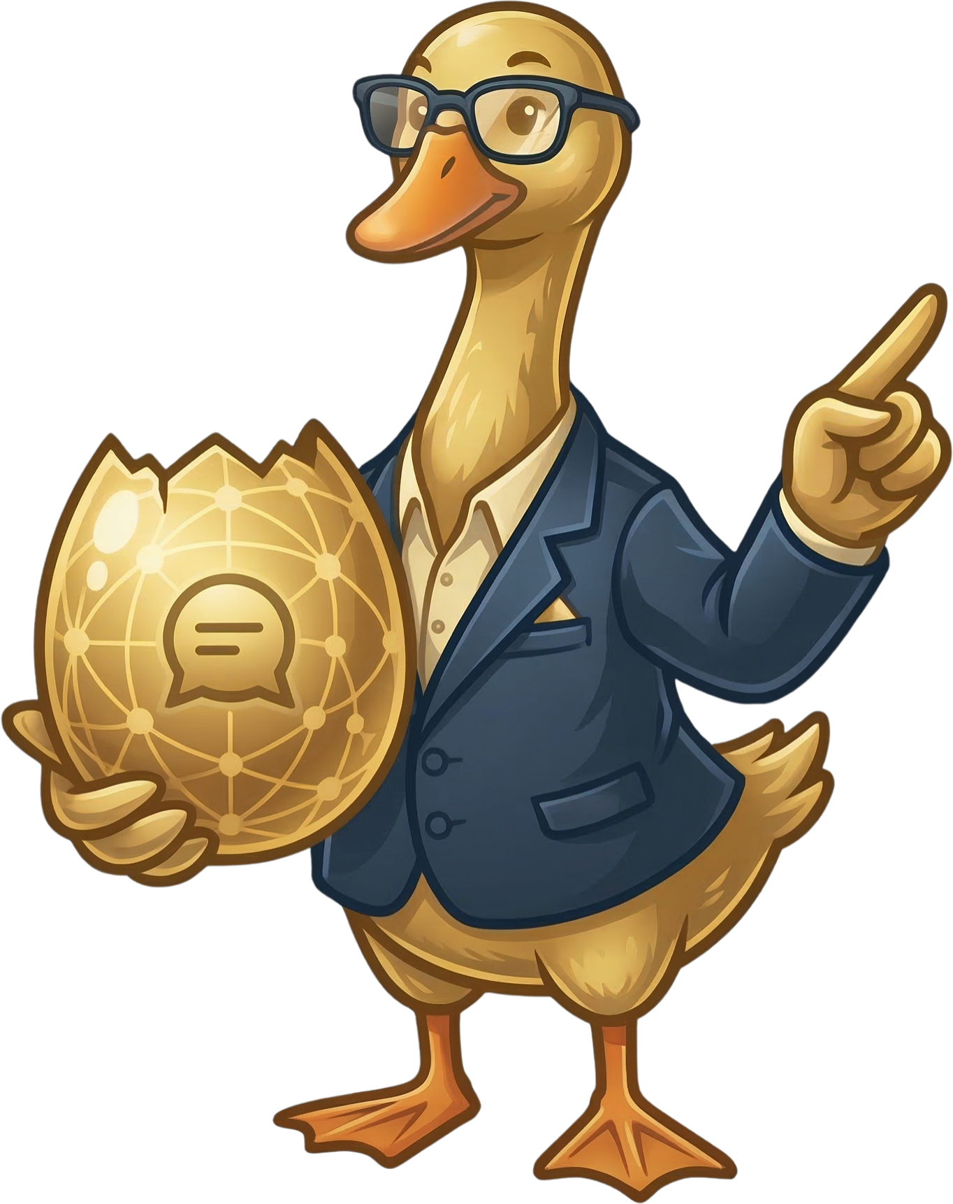 The Useful Goose — business duck in suit holding a glowing golden egg